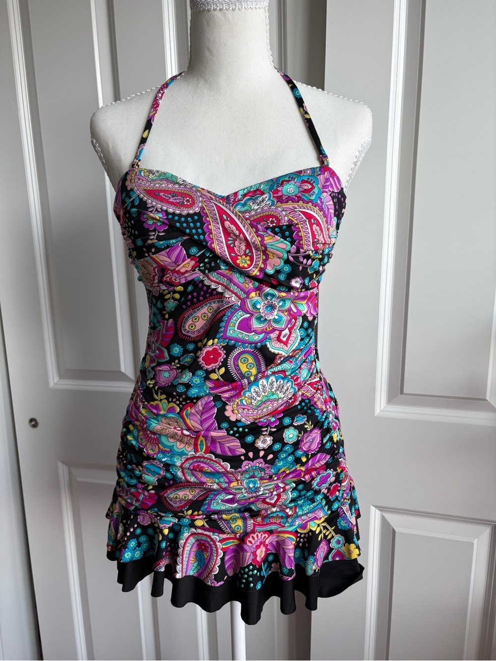 Apt. 9 Black Halter Mini Swim Dress with Pink & Teal Paisley